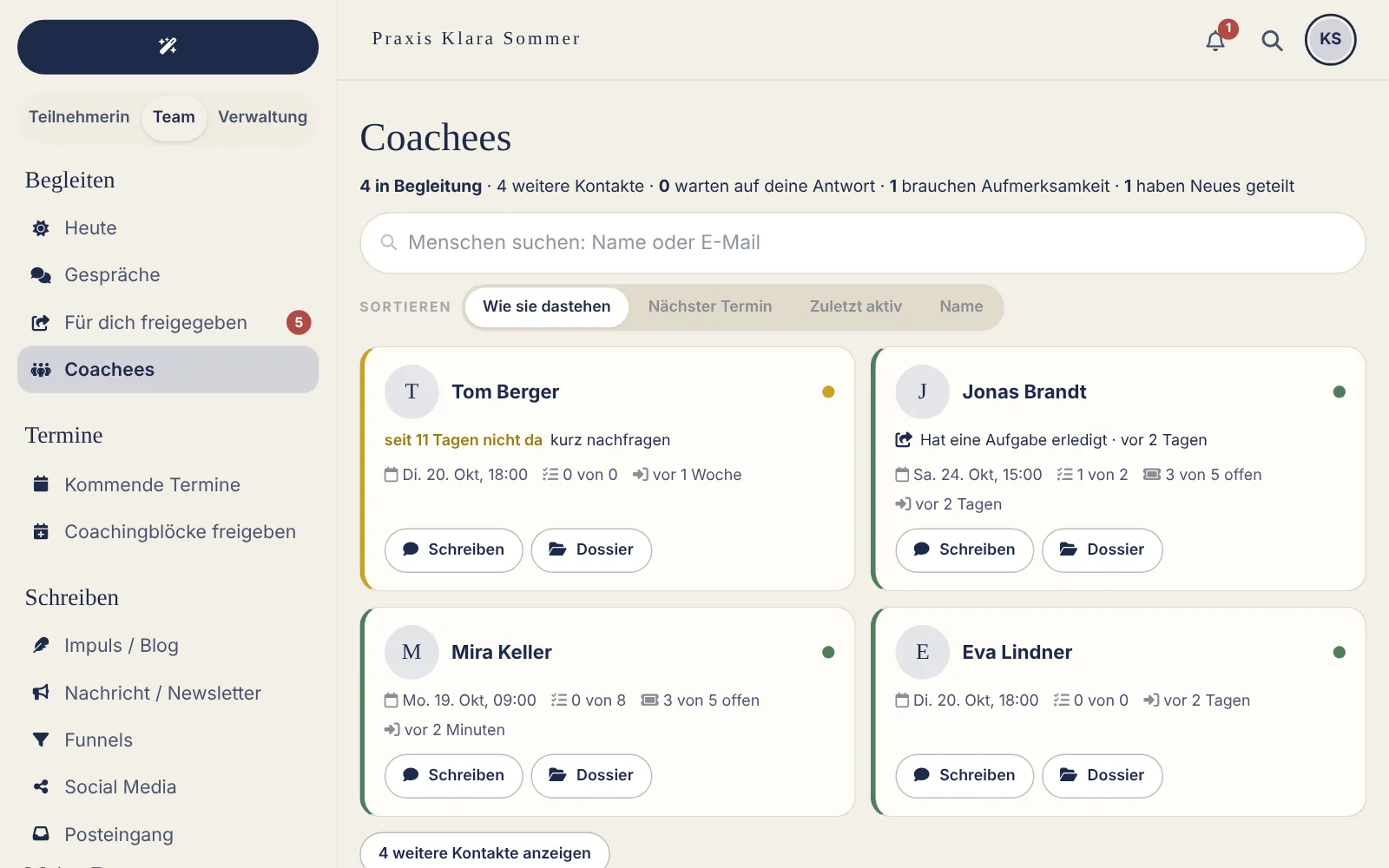 Ansicht der App für Coaches: Coachees