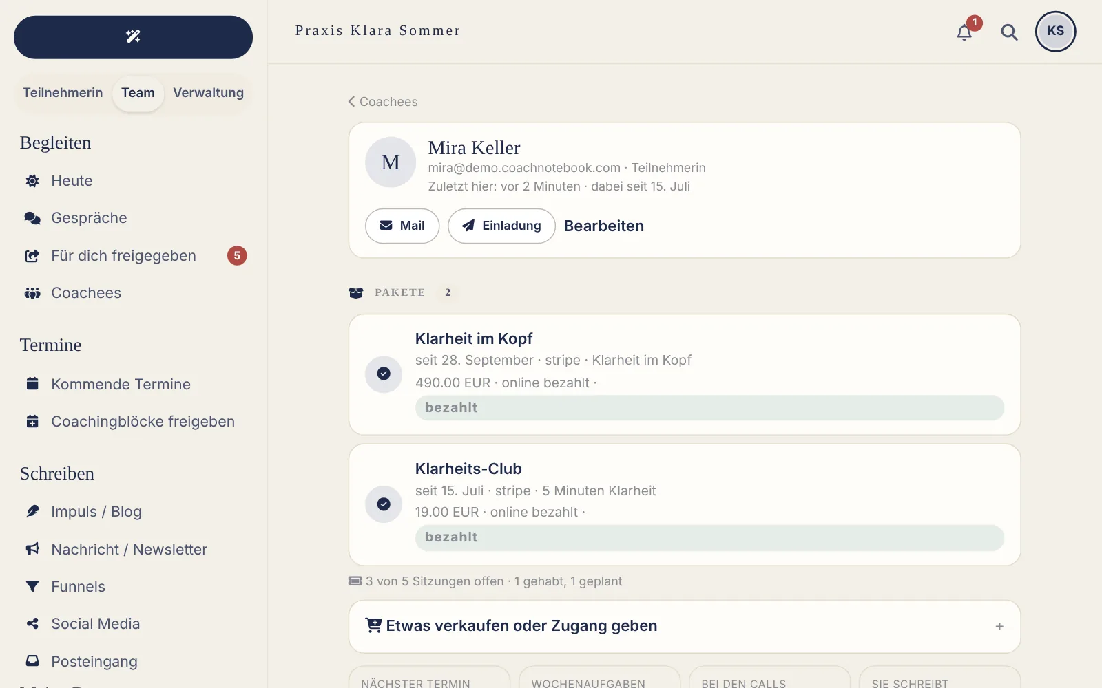Ansicht der App für Coaches: Dossier