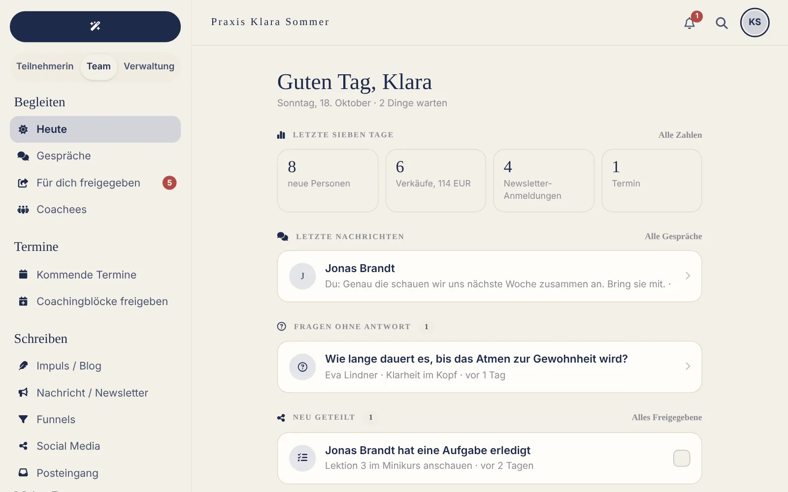Ansicht der App für Coaches: Heute