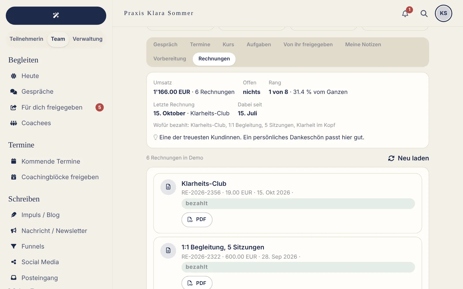 Ansicht der App für Coaches: Rechnungen im Dossier