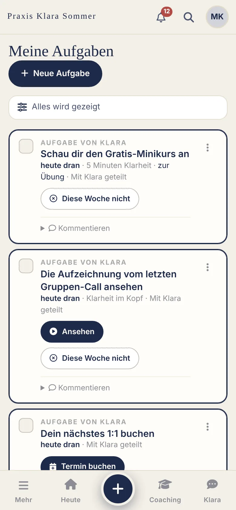 Ansicht der App für Klientinnen: Aufgaben