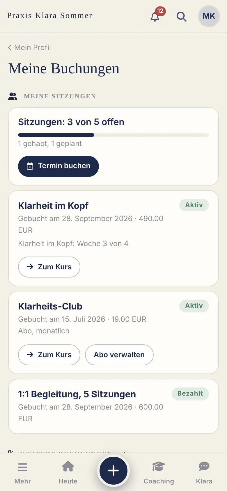 Ansicht der App für Klientinnen: Buchungen und Rechnungen