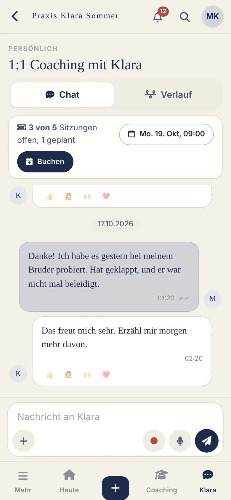 Ansicht der App für Klientinnen: Chat