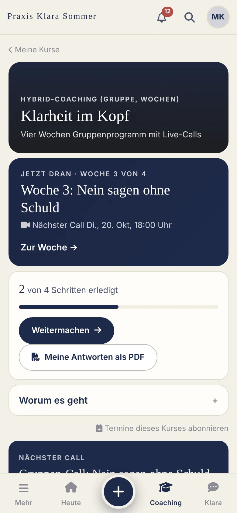 Ansicht der App für Klientinnen: Kurs