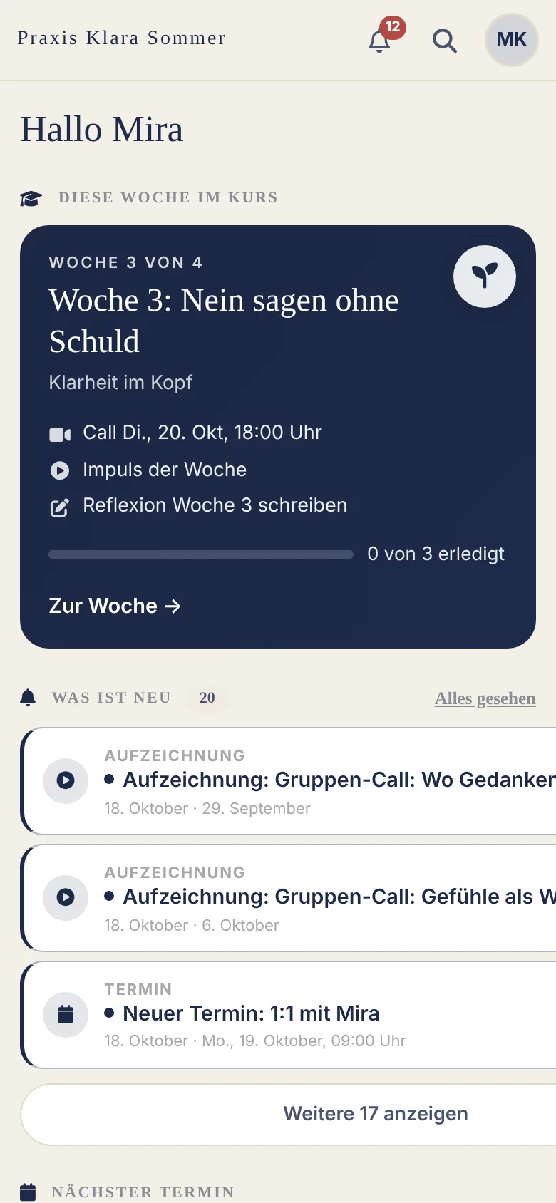 Ansicht der App für Klientinnen: Start