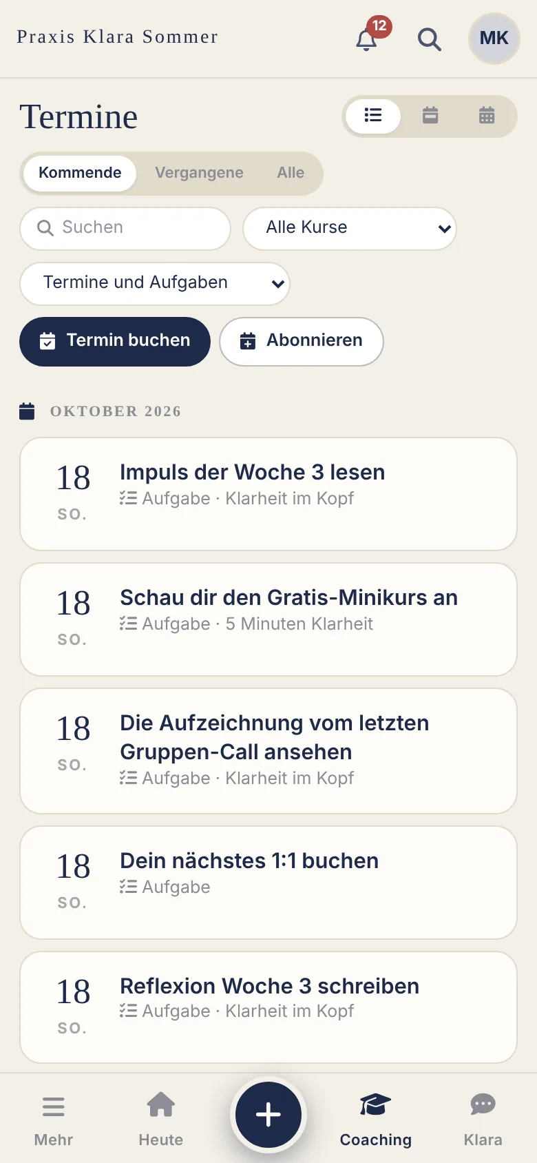 Ansicht der App für Klientinnen: Termine